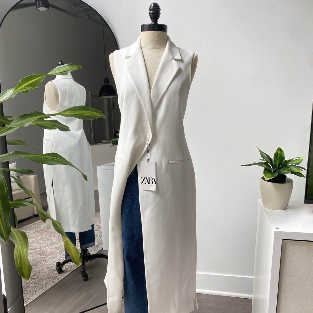 NWT Zara Long White Vest Waistcoat Coastal Minimalist Women's Size XS
